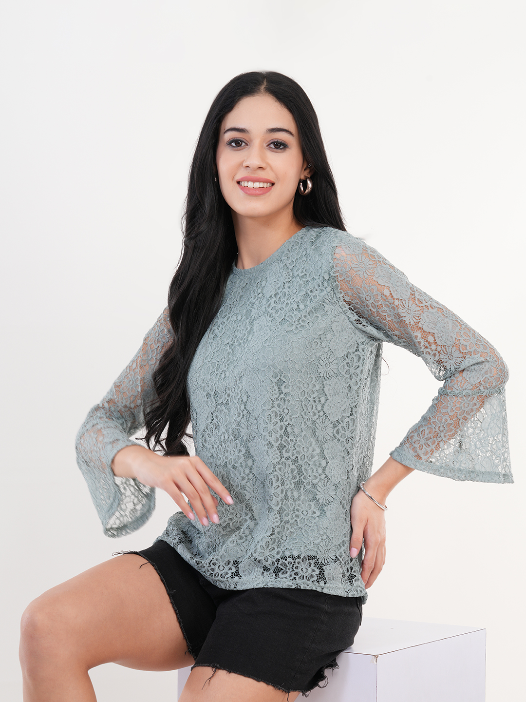 Sage Green Floral Lace Top