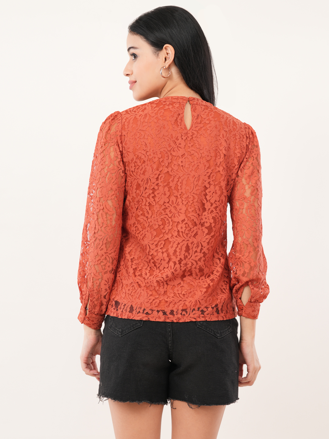 Rust-Orange Floral Lace Top