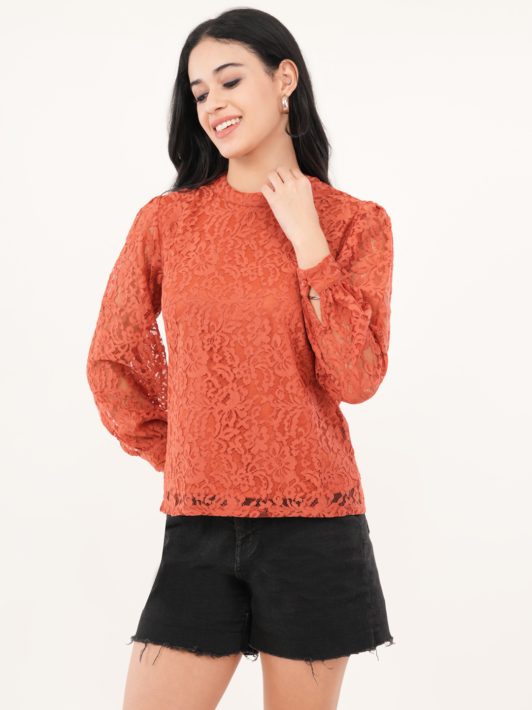 Rust-Orange Floral Lace Top