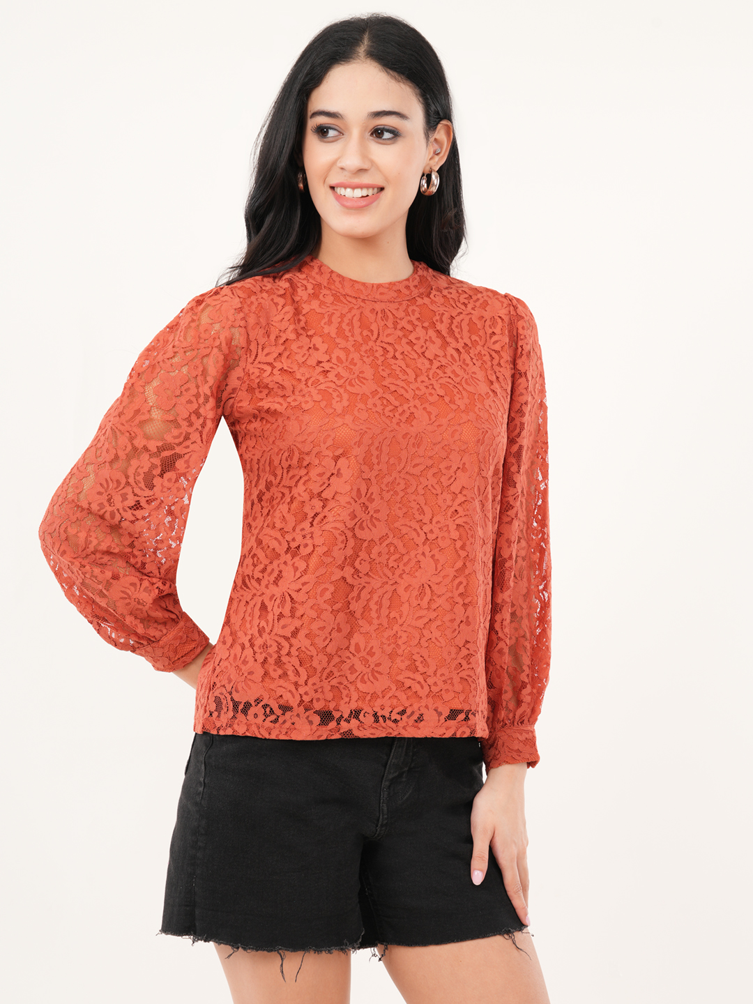 Rust-Orange Floral Lace Top